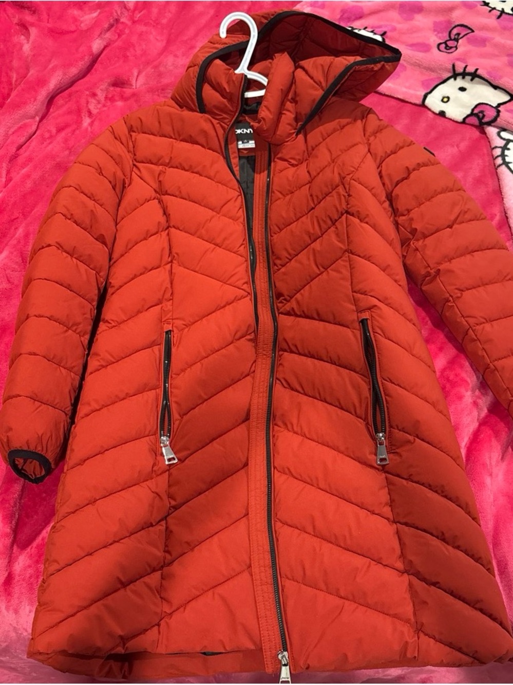 DKNY Orange-Red Quilted Hooded Puffer Coat